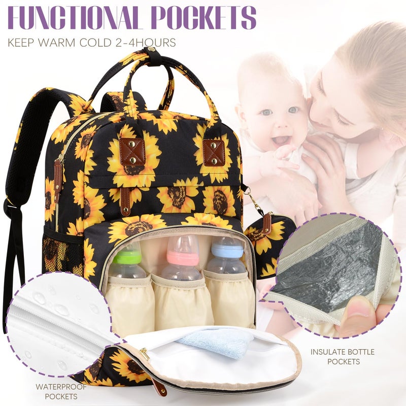 Tuwubi Diaper Bag Backpack, Baby Essentials Travel Tote Bag, Multi function Waterproof Backpacks, Travel Essentials with Stroller Straps & Pacifier Case - Sunflower - Image 3